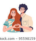 a red-haired woman and a curly-haired guy love and show their hearts with their hands. happy couple married and happy 95598159