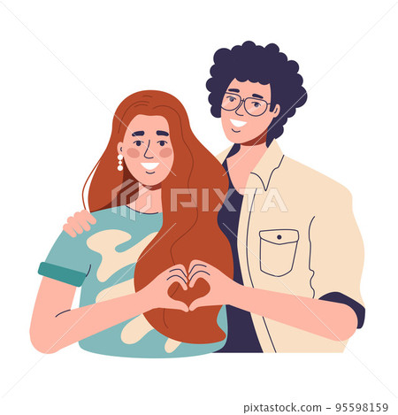 a red-haired woman and a curly-haired guy love and show their hearts with their hands. happy couple married and happy a red-haired woman and a curly-haired guy love and show their hearts with their hands. happy couple married and happy 95598159