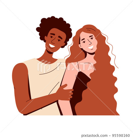 Happy interracial colored couple smiling. A guy and a girl love each other and hug Happy interracial colored couple smiling. A guy and a girl love each other and hug 95598160