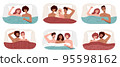 A set of different colored people in bed. A variety of lgbt couples have sex under a blanket. Free love 95598162