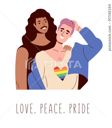 Two gay men smile and hug. Interracial lgbt, rainbow flag and love Two gay men smile and hug. Interracial lgbt, rainbow flag and love 95598164