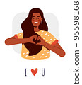 A brunette girl with dark skin shows a heart with her hands as a symbol of love. Vector illustration on a white background 95598168