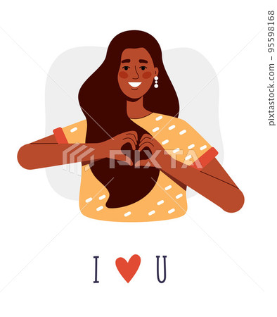 A brunette girl with dark skin shows a heart with her hands as a symbol of love. Vector illustration on a white background A brunette girl with dark skin shows a heart with her hands as a symbol of love. Vector illustration on a white background 95598168