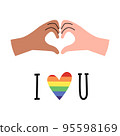 The hands and fingers show a heart. Rainbow LGBT flag. Love pride. Vector illustration on a white background 95598169