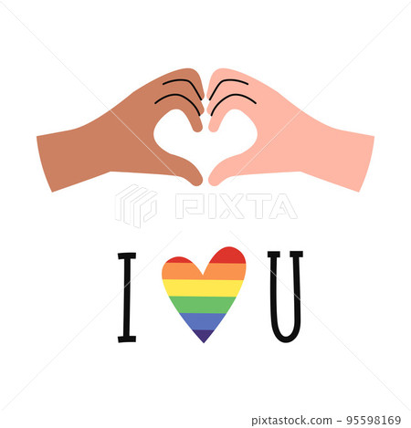The hands and fingers show a heart. Rainbow LGBT flag. Love pride. Vector illustration on a white background The hands and fingers show a heart. Rainbow LGBT flag. Love pride. Vector illustration on a white background 95598169