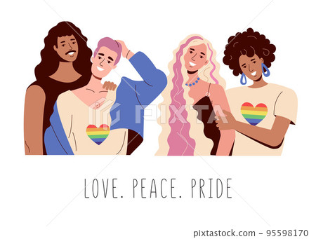 LGBT couples are happy and show a rainbow flag. Gays and lesbians. LOve. peace. pride. Vector LGBT couples are happy and show a rainbow flag. Gays and lesbians. LOve. peace. pride. Vector 95598170