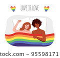 Lesbian women lie under the rainbow flag of lgbt. Girls are engaged in interracial free sex 95598171