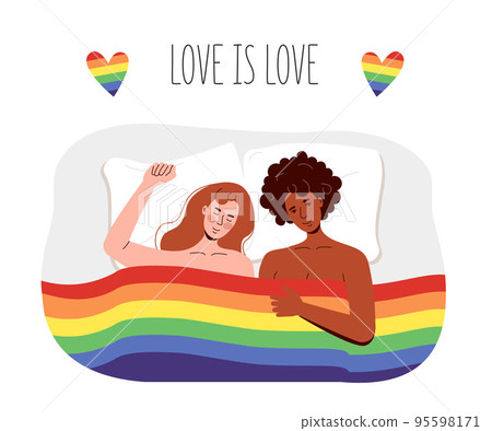 Lesbian women lie under the rainbow flag of lgbt. Girls are engaged in interracial free sex 95598171