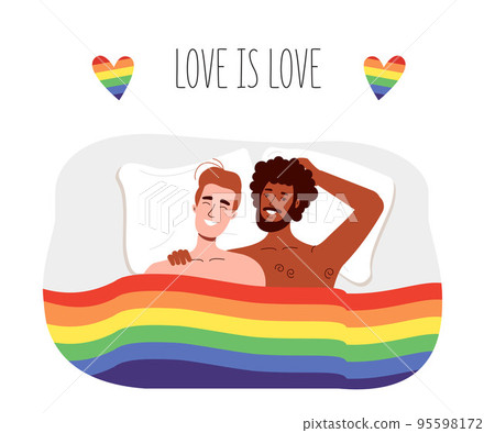 Gay men lie under the rainbow flag of lgbt. Guys are engaged in interracial free sex Gay men lie under the rainbow flag of lgbt. Guys are engaged in interracial free sex 95598172