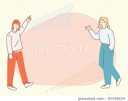 Illustrations of men and women representing points, attention, and announcements (business, click, check, idea, inspiration, discovery, convincing) 95598434