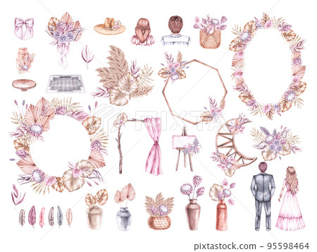 Watercolor boho wedding set with bride and groom Watercolor boho wedding set with bride and groom 95598464