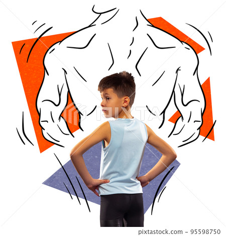 Contemporary art collage. Creative design. Teen boy, sportsman posing. Drawn silhouette of strong male body 95598750