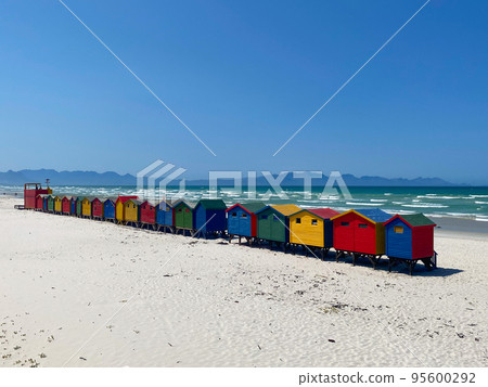 Wooden beach huts on the beach at Muizenberg, South Africa Wooden beach huts on the beach at Muizenberg, South Africa 95600292