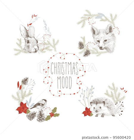 Vector Card with Hand Drawn Animals in Winter Wreaths with Spruce Branches and Fir Cones 95600420