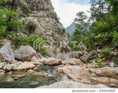 Trees and stones in river in Goynuk Canyon. Mountain slopes in Beydaglari Coastal National Park. Turkey. Trees and stones in river in Goynuk Canyon. Mountain slopes in Beydaglari Coastal National Park. Turkey. 95600809
