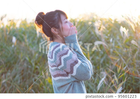 Portrait of a woman in a sweater standing in a pampas field in the evening 95601223