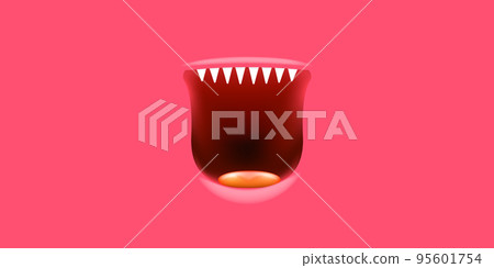 Vector Cartoon open monster mouth isolated on pink background. Funny and cute Halloween Monster open mouth with big vampire fangs or teeth and red tongue. Halloween card design template 95601754