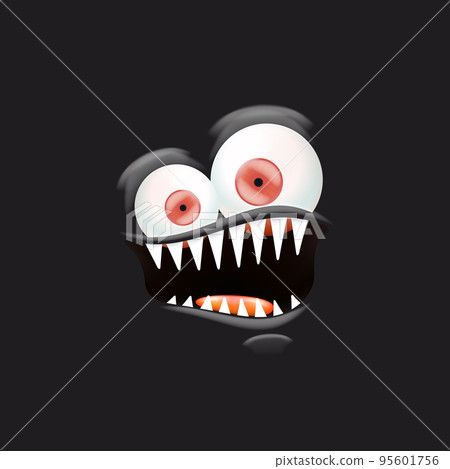 Vector funny angry black monster face with open mouth with fangs and evil eyes isolated on black background. Halloween cute and angry monster design template for poster, banner and tee print Vector funny angry black monster face with open mouth with fangs and evil eyes isolated on black background. Halloween cute and angry monster design template for poster, banner and tee print 95601756