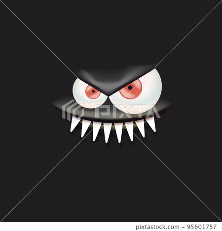 Vector funny angry black monster face with open mouth with fangs and evil eyes isolated on black background. Halloween cute and angry monster design template for poster, banner and tee print Vector funny angry black monster face with open mouth with fangs and evil eyes isolated on black background. Halloween cute and angry monster design template for poster, banner and tee print 95601757
