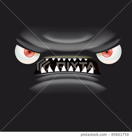 Vector funny angry black monster face with open mouth with fangs and evil eyes isolated on black background. Halloween cute and angry monster design template for poster, banner and tee print Vector funny angry black monster face with open mouth with fangs and evil eyes isolated on black background. Halloween cute and angry monster design template for poster, banner and tee print 95601758