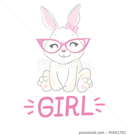 Cute little rabbit with pink glasses. Sweet Girl slogan. Funny bunny face. Vector illustration for children print design, kids t-shirt, baby wear Cute little rabbit with pink glasses. Sweet Girl slogan. Funny bunny face. Vector illustration for children print design, kids t-shirt, baby wear 95601791