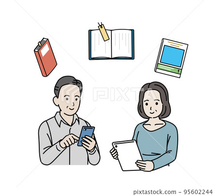 中年男性和女性在智能手機和平板電腦上閱讀電子書的插圖 95602244