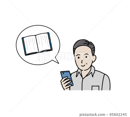 Illustration of a middle-aged man reading an e-book on a smartphone Illustration of a middle-aged man reading an e-book on a smartphone 95602245