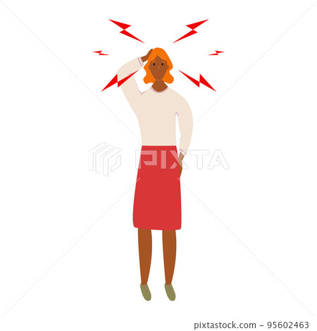 Sad Afro American woman having headache or dizziness. Sick girl touching her head. Girl suffering from fever or influenza. Symptom of common cold, infectious disease. Flat cartoon vector illustration. Sad Afro American woman having headache or dizziness. Sick girl touching her head. Girl suffering from fever or influenza. Symptom of common cold, infectious disease. Flat cartoon vector illustration. 95602463