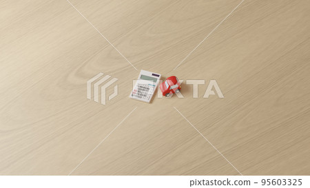 A photorealistic 3D illustration of a miniature car made of clay and a calculator placed on a flat surface using CG. A photorealistic 3D illustration of a miniature car made of clay and a calculator placed on a flat surface using CG. 95603325