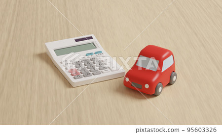 A photorealistic 3D illustration of a miniature car made of clay and a calculator placed on a flat surface using CG. 95603326