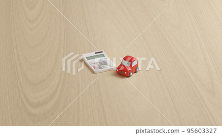 A photorealistic 3D illustration of a miniature car made of clay and a calculator placed on a flat surface using CG. A photorealistic 3D illustration of a miniature car made of clay and a calculator placed on a flat surface using CG. 95603327
