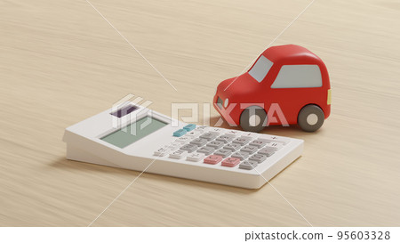 A photorealistic 3D illustration of a miniature car made of clay and a calculator placed on a flat surface using CG. 95603328