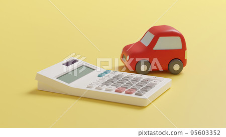 A photorealistic 3D illustration of a miniature car made of clay and a calculator placed on a flat surface using CG. A photorealistic 3D illustration of a miniature car made of clay and a calculator placed on a flat surface using CG. 95603352