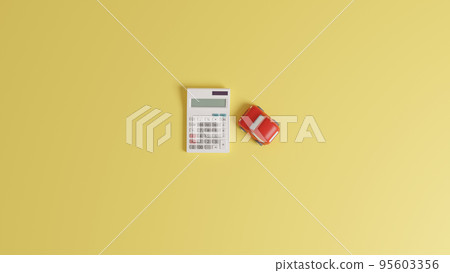 由粘土製成的微型汽車和使用 CG 放置在平面上的計算器的逼真 3D 插圖。 由粘土製成的微型汽車和使用 CG 放置在平面上的計算器的逼真 3D 插圖。 95603356