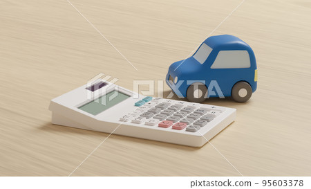 A photorealistic 3D illustration of a miniature car made of clay and a calculator placed on a flat surface using CG. A photorealistic 3D illustration of a miniature car made of clay and a calculator placed on a flat surface using CG. 95603378