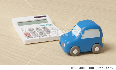 A photorealistic 3D illustration of a miniature car made of clay and a calculator placed on a flat surface using CG. A photorealistic 3D illustration of a miniature car made of clay and a calculator placed on a flat surface using CG. 95603379