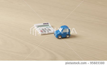 A photorealistic 3D illustration of a miniature car made of clay and a calculator placed on a flat surface using CG. A photorealistic 3D illustration of a miniature car made of clay and a calculator placed on a flat surface using CG. 95603380