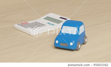 A photorealistic 3D illustration of a miniature car made of clay and a calculator placed on a flat surface using CG. A photorealistic 3D illustration of a miniature car made of clay and a calculator placed on a flat surface using CG. 95603382