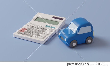 A photorealistic 3D illustration of a miniature car made of clay and a calculator placed on a flat surface using CG. A photorealistic 3D illustration of a miniature car made of clay and a calculator placed on a flat surface using CG. 95603383