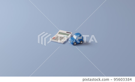 A photorealistic 3D illustration of a miniature car made of clay and a calculator placed on a flat surface using CG. A photorealistic 3D illustration of a miniature car made of clay and a calculator placed on a flat surface using CG. 95603384