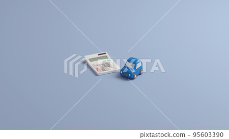 由粘土製成的微型汽車和使用 CG 放置在平面上的計算器的逼真 3D 插圖。 95603390