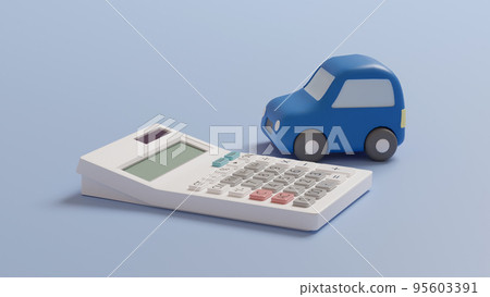 A photorealistic 3D illustration of a miniature car made of clay and a calculator placed on a flat surface using CG. 95603391