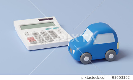 A photorealistic 3D illustration of a miniature car made of clay and a calculator placed on a flat surface using CG. 95603392
