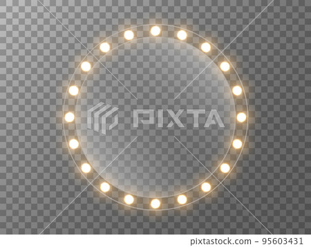 Makeup mirror with lights. Round mirror with gold bulbs. Frame with bright lamps. Realistic illuminated glass for banner or poster. Vector illustration Makeup mirror with lights. Round mirror with gold bulbs. Frame with bright lamps. Realistic illuminated glass for banner or poster. Vector illustration 95603431