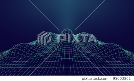 Alien landscape in space or cyberspace with wireframe and glowing lights 95603801