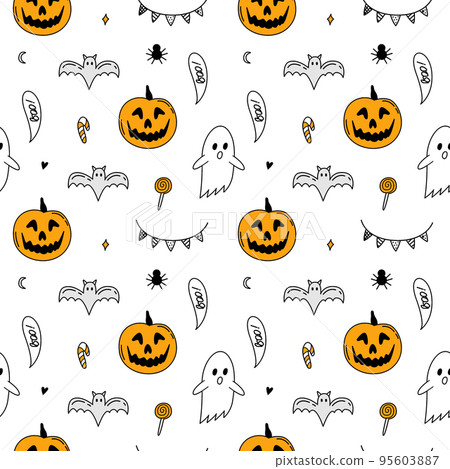 Halloween cartoon pattern doodle. Pumpkin, sweets, ghost, garland. Cartoon elements isolated on white background. Endless, seamless pattern. Hand drawn outline vector illustration. 95603887