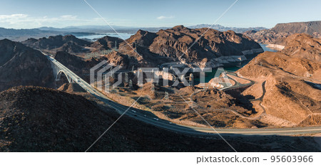 Aerial view of the Hoover Dam in United States. Aerial view of Hoover Dam and the Colorado River Bridge Aerial view of the Hoover Dam in United States. Aerial view of Hoover Dam and the Colorado River Bridge 95603966