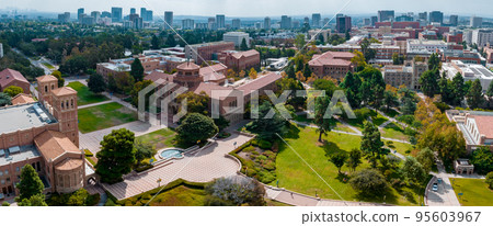 Aerial view of the Royce Hall at the University of California, Los Angeles, UCLA. Royce Hall is one of four original buildings of the UCLA campus. Aerial view of the Royce Hall at the University of California, Los Angeles, UCLA. Royce Hall is one of four original buildings of the UCLA campus. 95603967