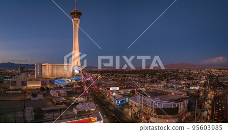 Panoramic aerial view of the Las Vegas Strip. Stretch of South Las Vegas Boulevard in Nevada that is known for its concentration of hotels and casinos. 95603985
