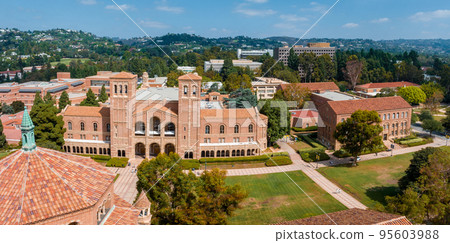 Aerial view of the Royce Hall at the University of California, Los Angeles, UCLA. Royce Hall is one of four original buildings of the UCLA campus. 95603988